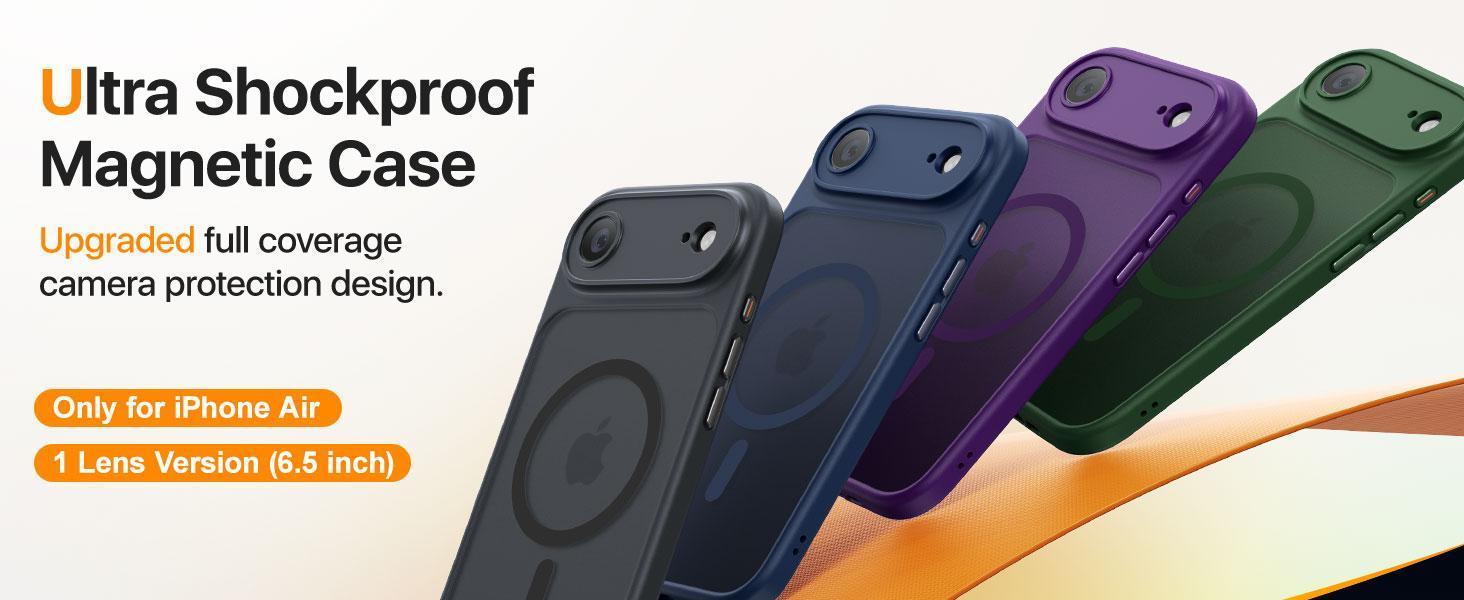 for iPhone Air Case with 2 Pack Screen Protectors, Compatible with MagSafe, Full Camera Protection, Slim Translucent Matte Magnetic Phone Cover for iPhone 17 Air, Black