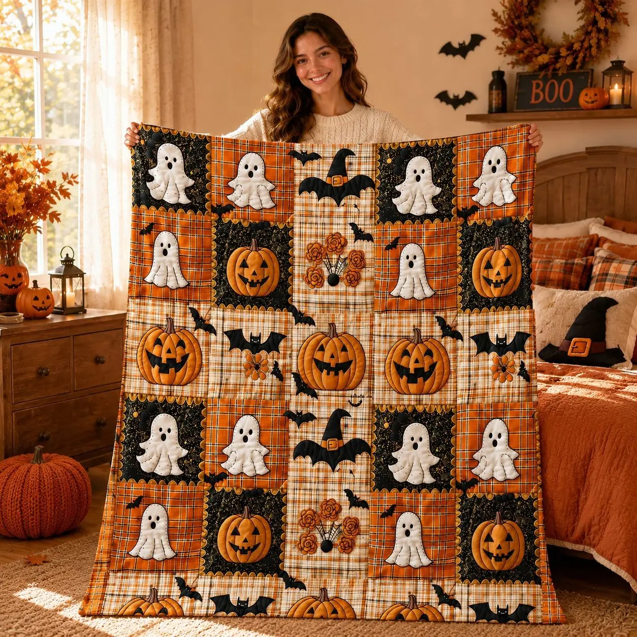 1pc Orange Plaid Halloween Flannel Cozy Warm Blanket, Pumpkin Ghost Bat Witch Hat Floral Print, Soft Warm Throw for Sofa Bed Office Camping Travel Halloween Gift Printed Blankets