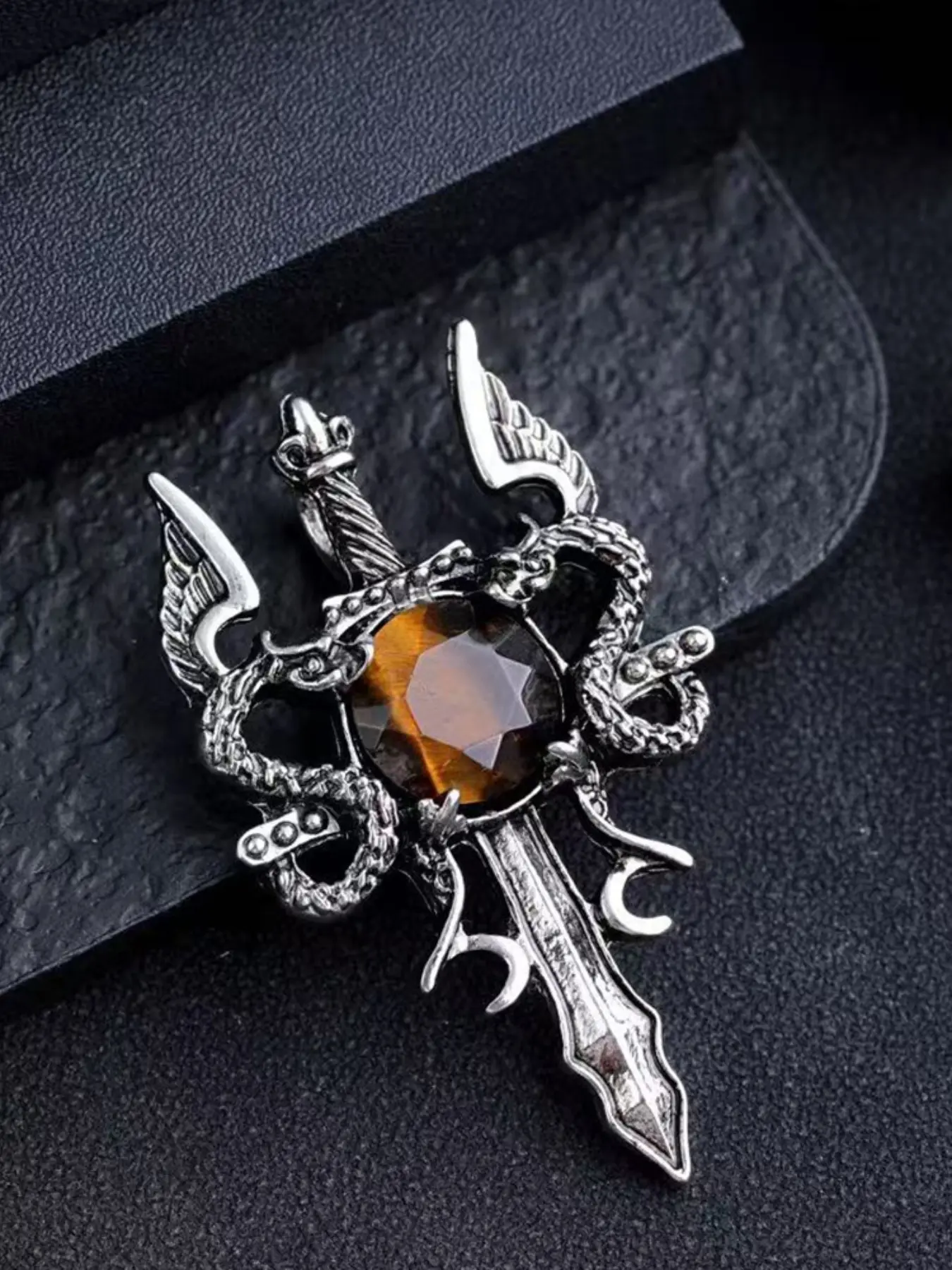 Vintage Dual Dragon Sword Natural Stone Pendant, Men's Punk Edgy Look Jewelry, Cross Sword Necklace, Festival Gift, Party Souvenir, Balanced Gemstone, Cross Necklaces