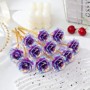 10 Steel - Purple Gold Gradient Crystal Rose Set - Artificial Crystal Rose Flower, Vase Decoration, Decorative Artificial Flowers, Suitable for Wedding, Mother's Day, Valentine's Day, Birthday & Festival Party Decoration