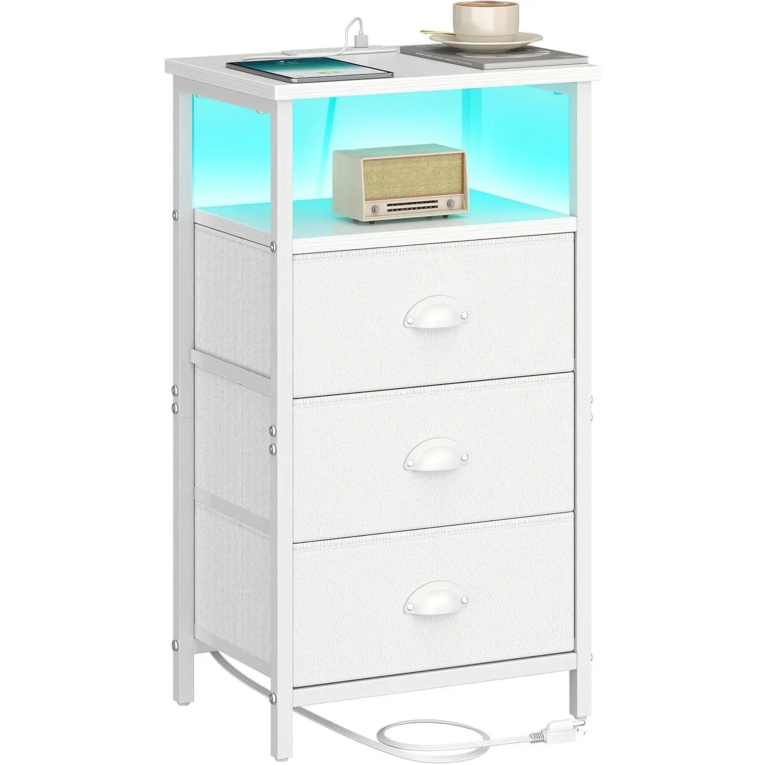 Nightstand with Charging Station,LED White Nightstand with 3 Fabric Drawers PU Finish, Bedside End Tables, 2-Tier Open Storage Shelf Side Table Nightstand with Drawers for Bedroom,White