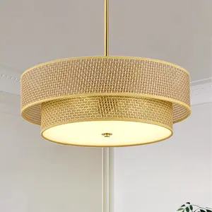 17.7 Inch Woven Rattan Linen Semi Flush Mount Ceiling Light Fixture, Modern Boho Drum Lamp for Bedroom, Kitchen, Dining Room, Living Room, Hallway, Entryway, Farmhouse Gold Wicker Chandelier