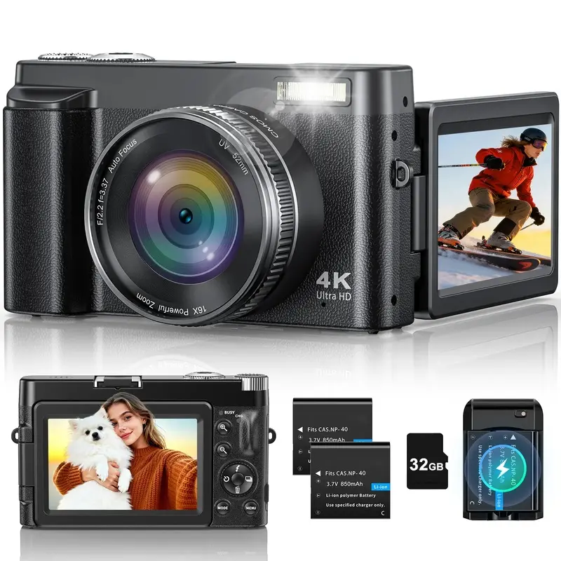 Aston Digital 4K Digital Camera, 48MP Autofocus Vlogging Camera with 3.0'' IPS Screen, 16X Zoom, Web Camera, LED Flash, External Mic Hot Shoe, Rechargeable Battery, Supports up to 256GB TF Card,father'sdaygifts # summerwins