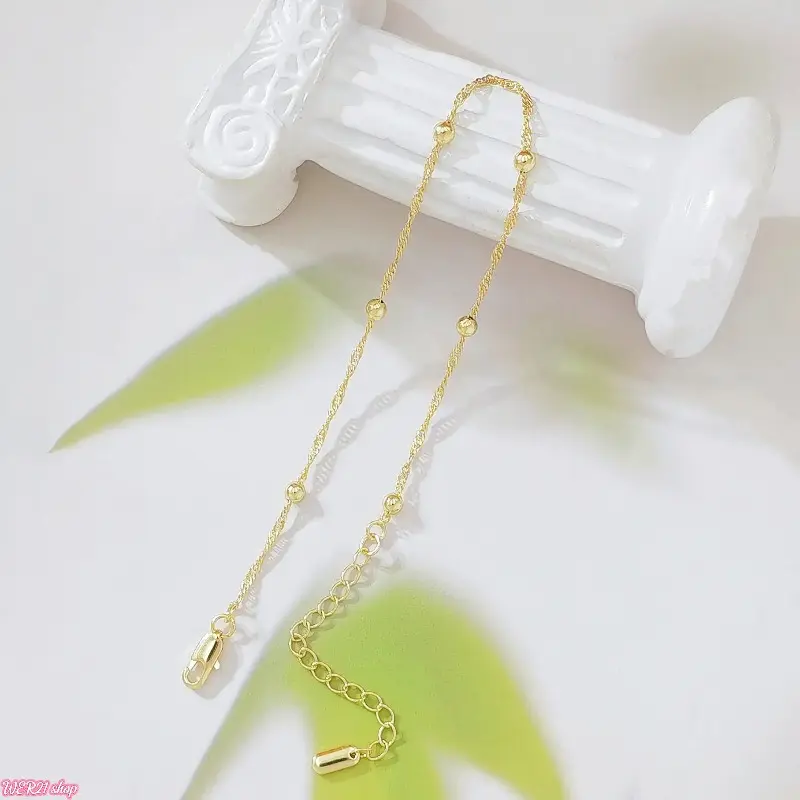 [WER21]14K Gold Filled Twist Chain Ankle Bracelet for Women, Dainty Beaded Satellite Anklet with Adjustable Extension Chain, Minimalist Summer Beach Foot Jewelry Gift