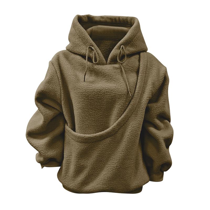 Women's Solid Color Hooded Sweatshirt - Loose Pullover with Plush Pet Pouch, Cute Furry Pet Carrier Pocket Oversized Casual Hoodie