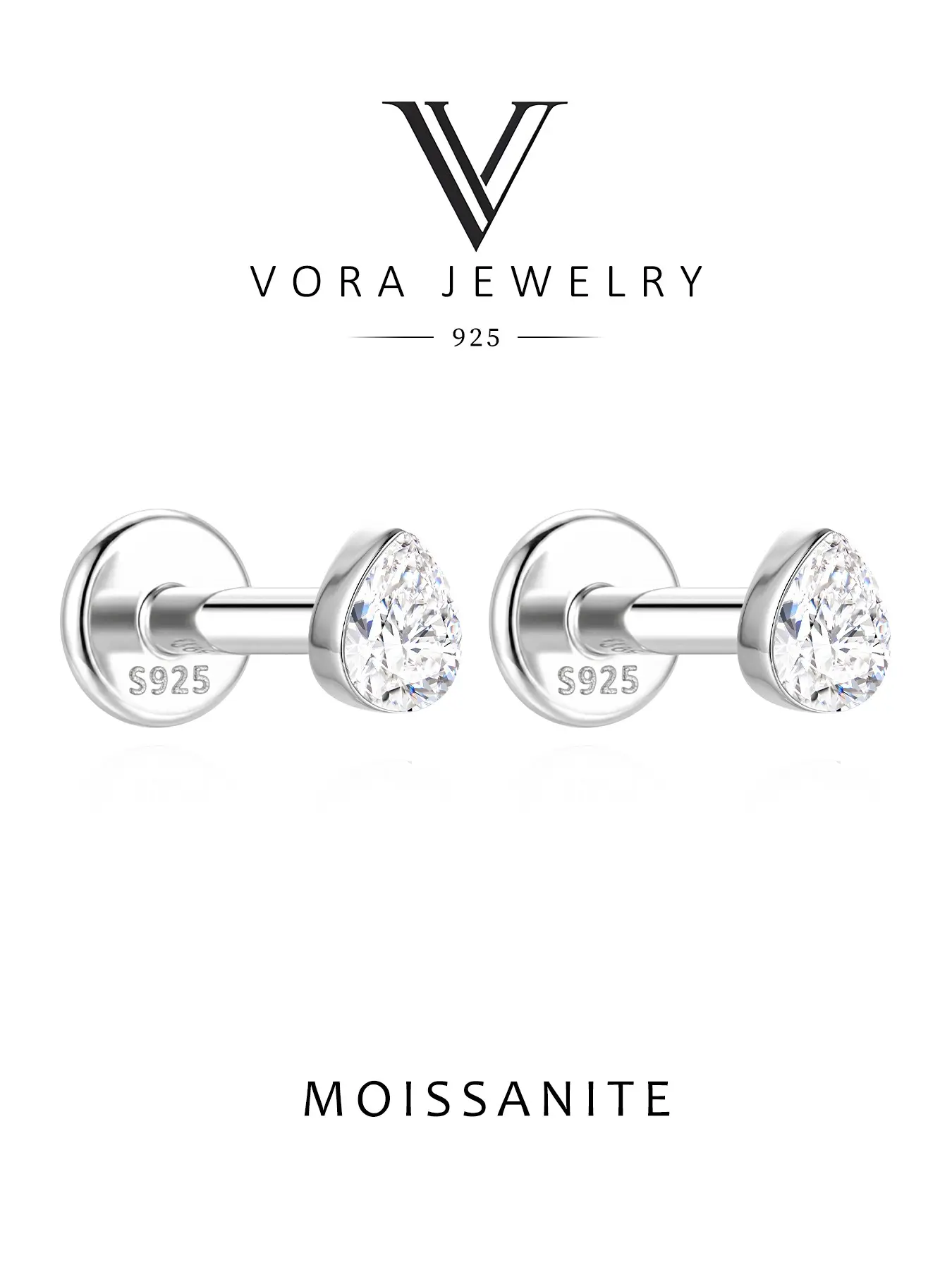 VORA 18K Gold Plated S925 Sterling Silver Pear Moissanite Flatback Piercing Stud Earring | Prongless Floating Teardrop Gemstone Cartilage Helix,Hypoallergenic,Non-TamishPerfect Ideal Holiday Gift Choice