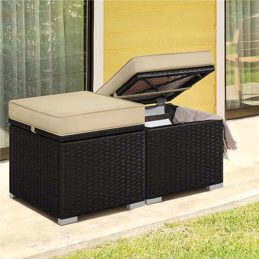 Costoffs 2pcs Rattan Ottomans with Hidden Storage & Removable Cushions, Outdoor Patio Furniture Ottoman Set, Versatile Resin Wicker Footstools, Side Tables, Additional Seating for Garden, Balcony, Deck, Khaki/Gray/Blue