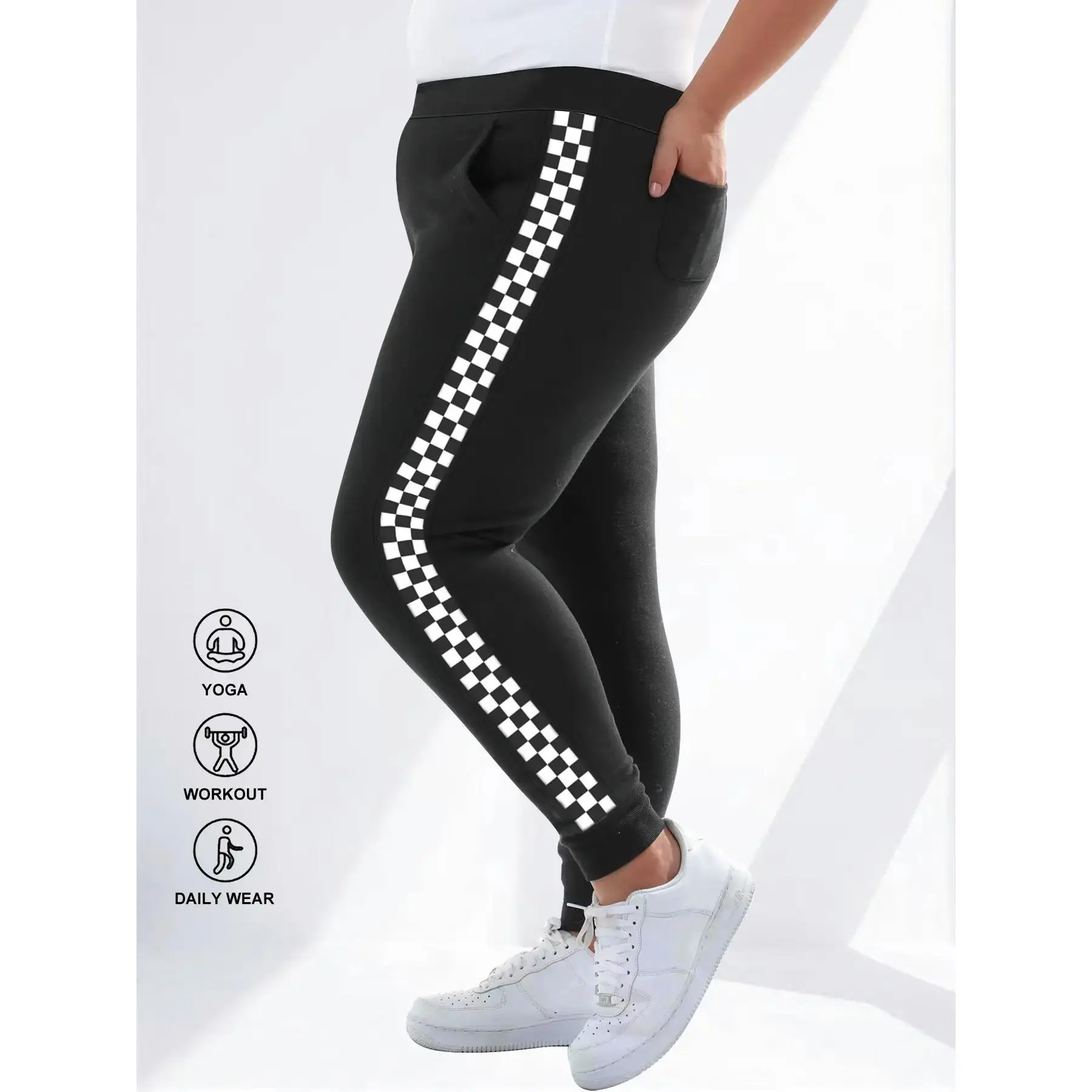 Plus Size Women's Casual Pants, Athleisure Casual Bottoms, and Checkered Joggers, Comfortable High Waisted Pants for Everyday Wear, Fashionable Plus Size Clothing