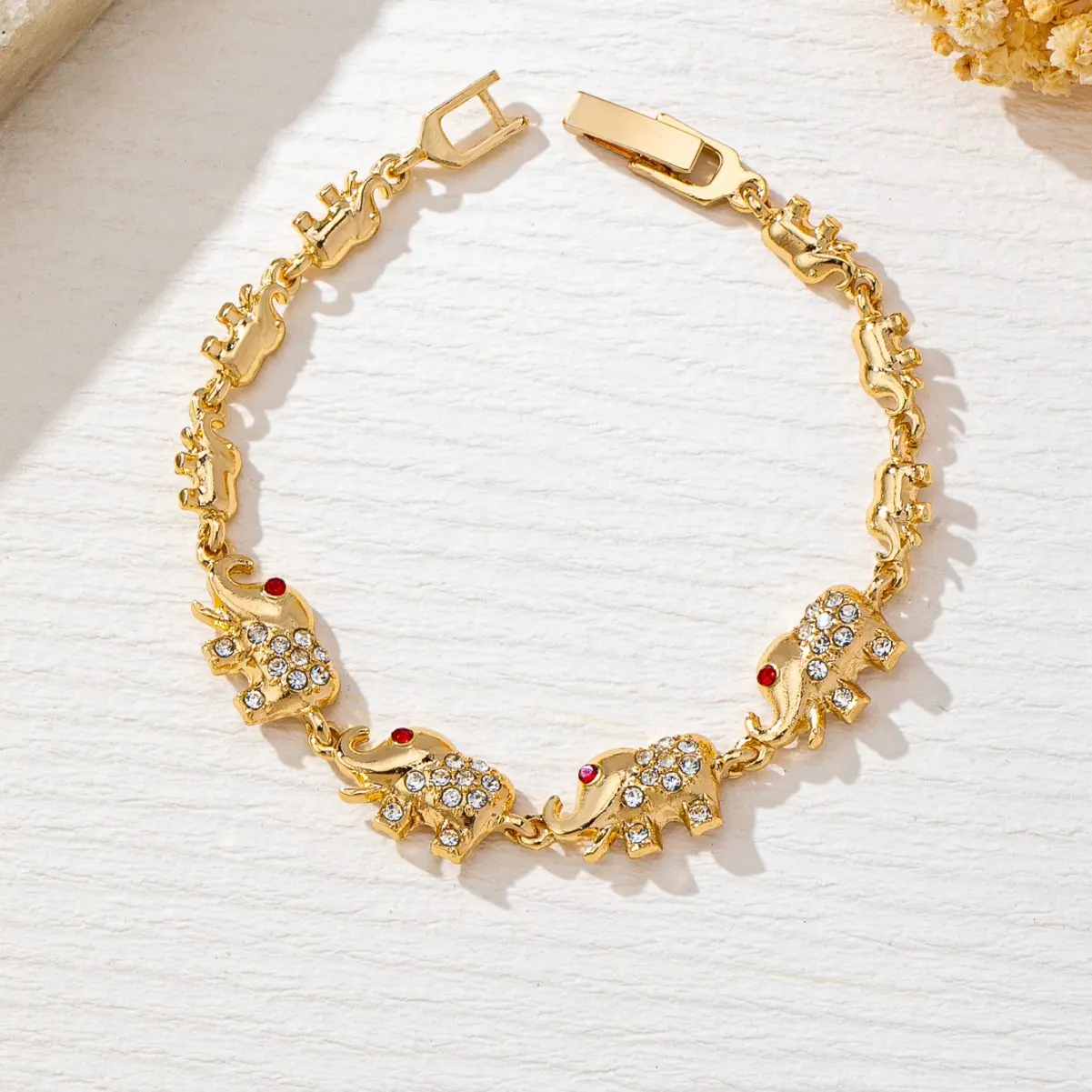 Gold Elephant Bracelet for Women Lucky Animal Link Chain Crystal Rhinestone Charm Jewelry Luxury Cute Bling Wristband Adjustable Bangles Elegant Mothers Day Birthday Party Prom Gift Fashion Statement Fine Headwear