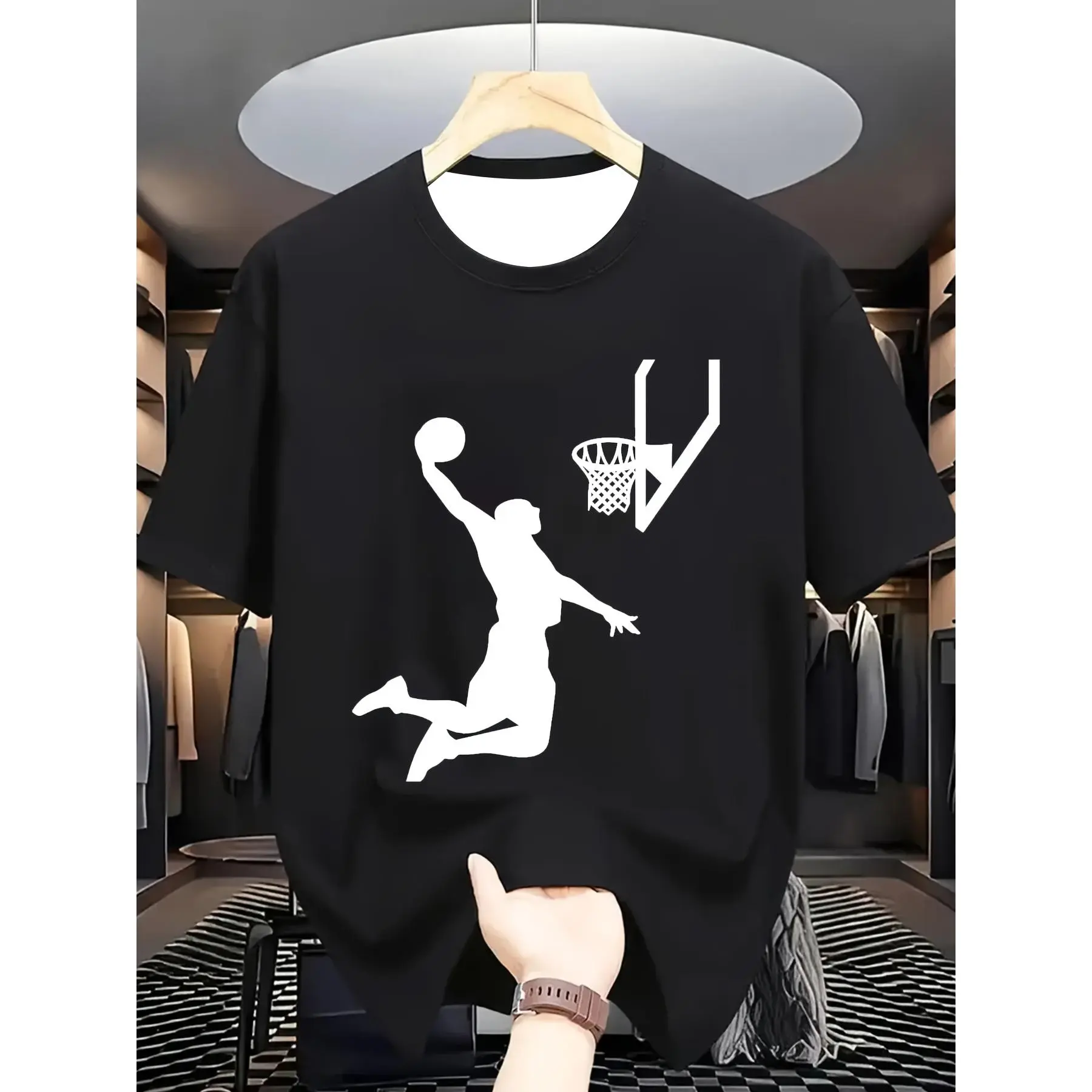 Air Dunk Basketball Player Silhouette T-Shirt, Minimal Slam Dunk Sports Graphic Tee, Black Casual Cotton Top, Basketball Fan Athletic Apparel,funny graphic tee,summer graphic tees,tee Birthday Crewneck