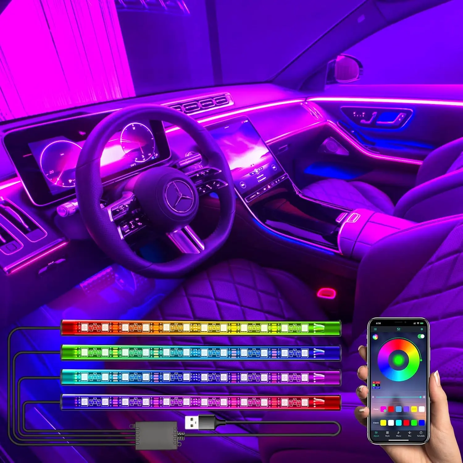 Interior LED Strip Light - 48 LED DIY 16 Million Colors, Microphone App Control,  Phone  Sync RGB Under   Lighting Kit with  Charger, USB DC 12V