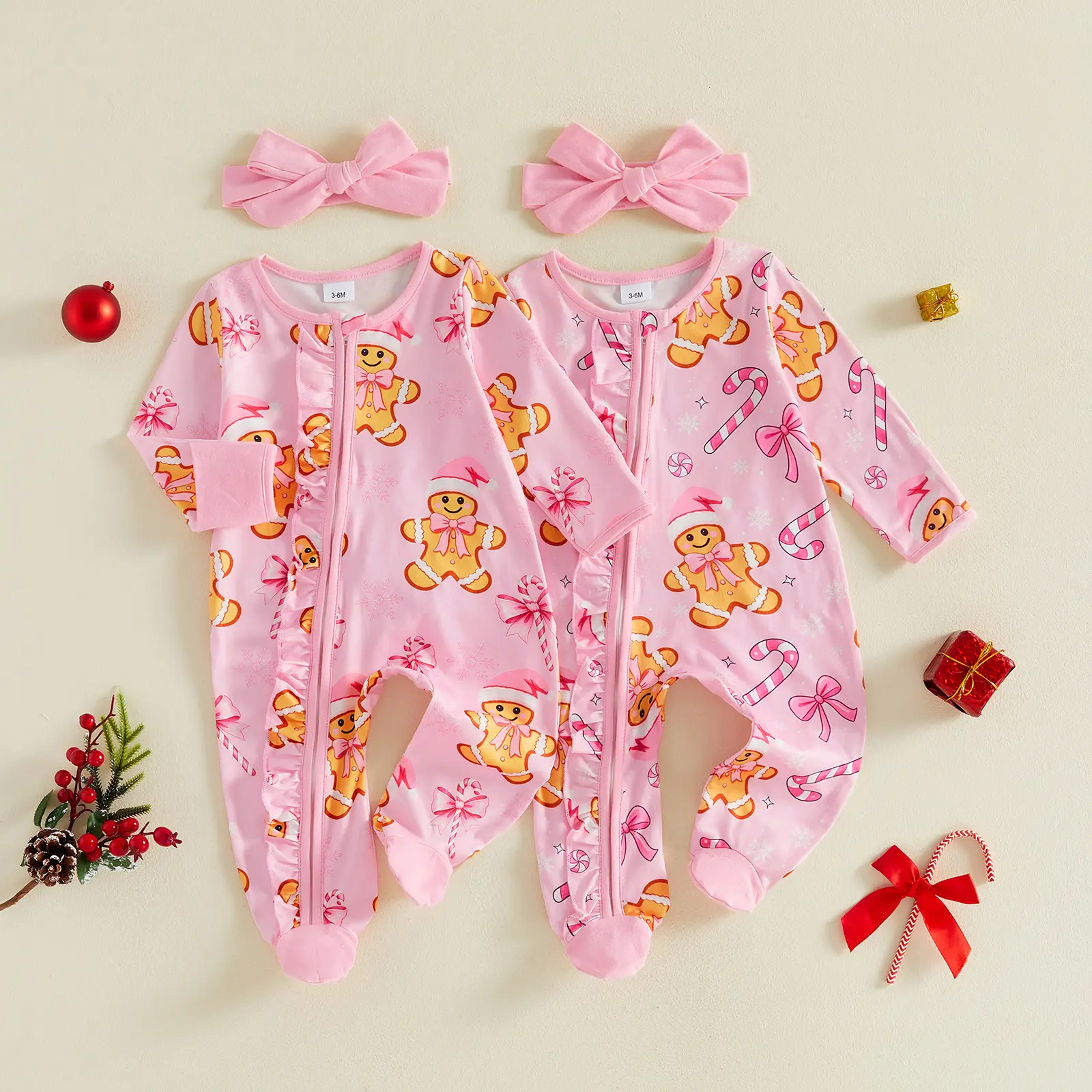 Baby Girl Christmas Outfit Gingerbread Footie Zipper Jumpsuit | My First Christmas Baby Girl Outfit Newborn Christmas Tree Gingerbread Footie Jumpsuit Ruffle Zipper Romper Cute Fall Clothe