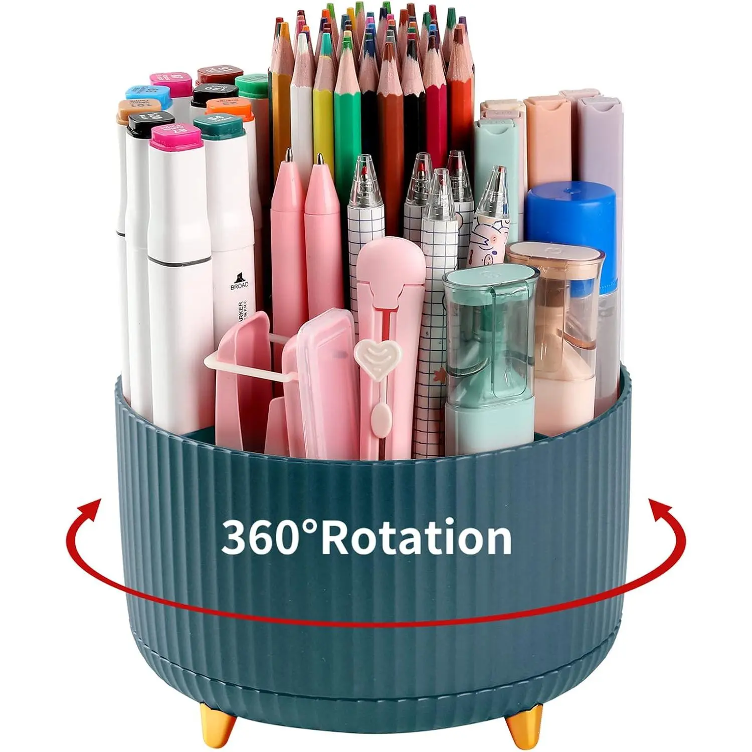 Cute Cup Desk Pencil Pen Holder - 5 Slots, 360° Rotates, Organizes Pens, Synthetic Desktop Stationery Organizer for School/Office, Dark Green