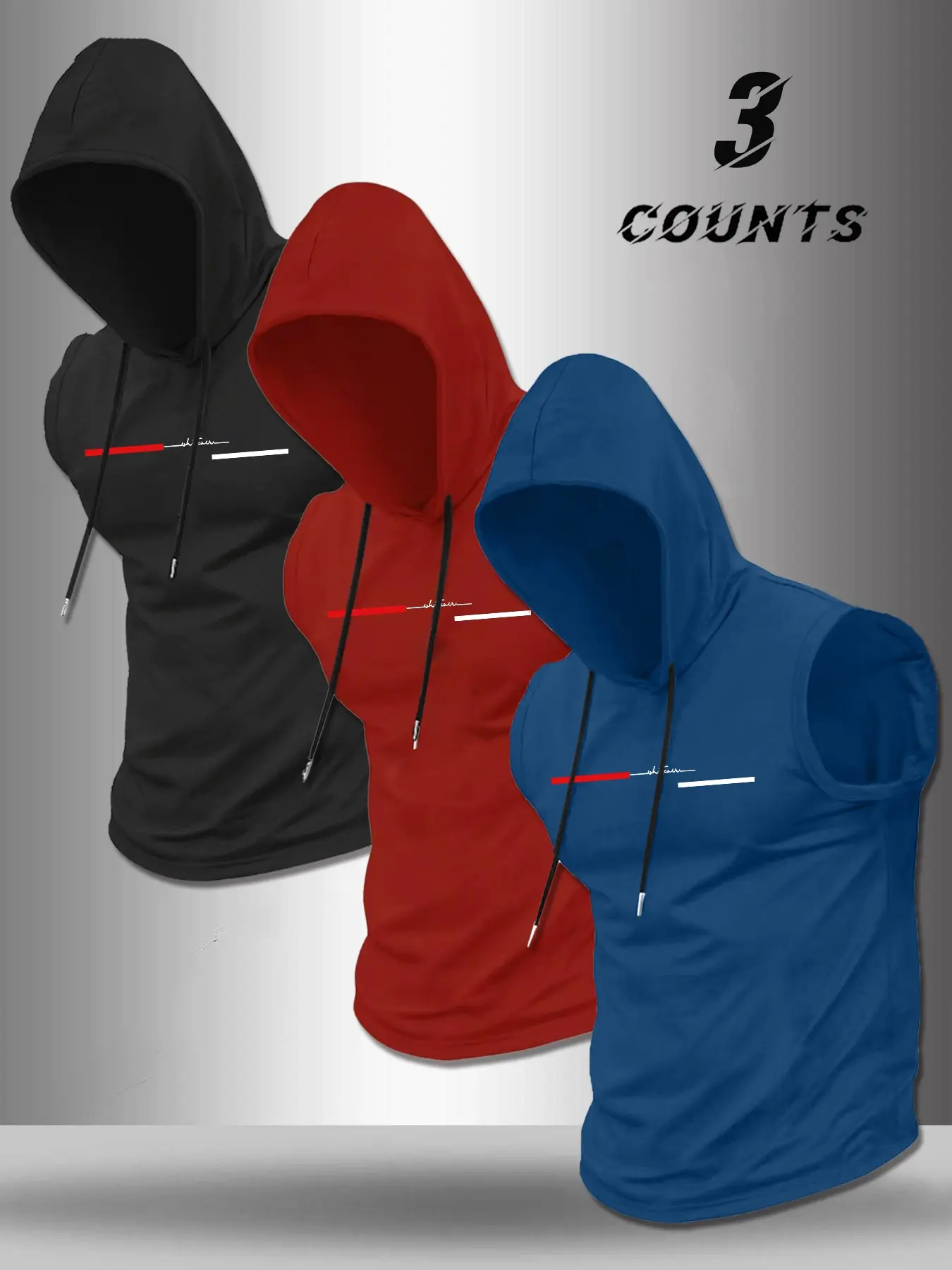 Three-Piece Set Simple Line Print Hooded Sleeveless Vest, American Casual Sporty Style, High Elasticity Slim Fit, Men's Gym Commute Jacket