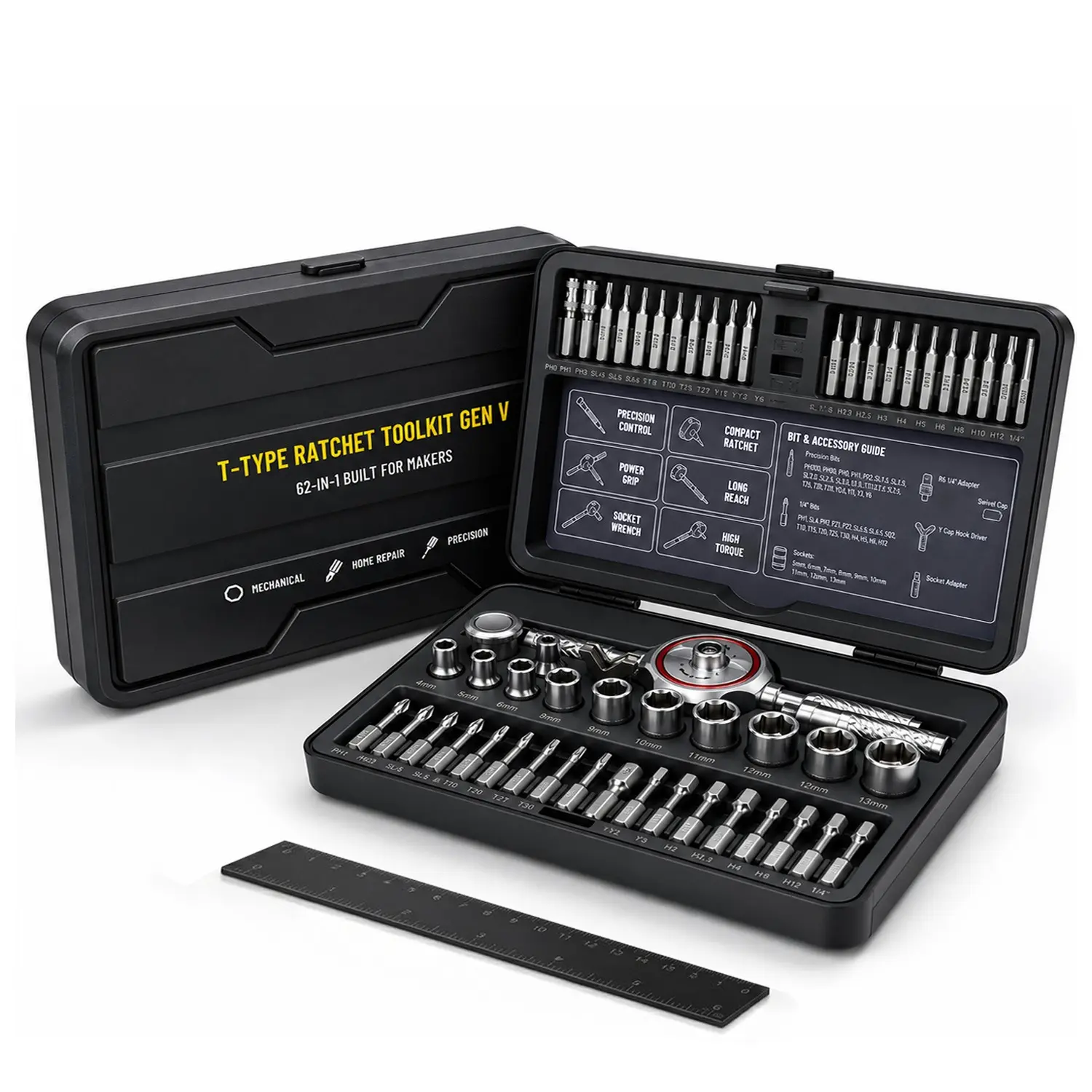 62-In-1 Gearless Precision Ratchet Screwdriver Set, Multipurpose Screwdriver Kit, Multifunctional Screwdriver, S2 Drive Bit & Socket, Ideal for Home Use, Car Repair, Furniture Assembly, Digital Device Disassembly