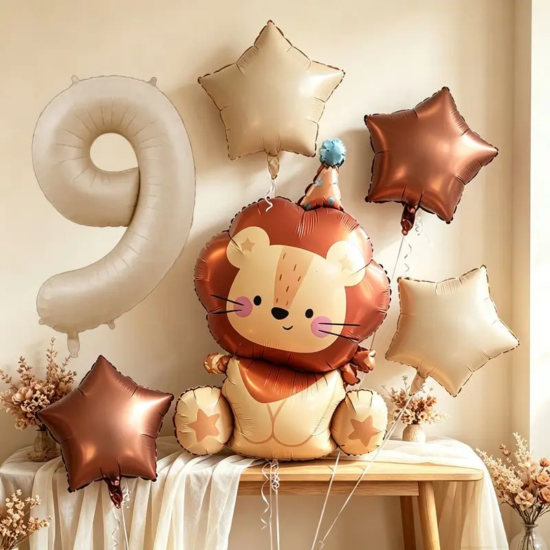 8-Piece Lion Birthday Balloon Set, Includes 32-Inch Caramel Number Balloons, Star Balloons, Birthday Hat Lion Balloon, Suitable for birthday party decorations，baby baptisms，Kindergarten Activity Decorations，Perfect for Party Decorations