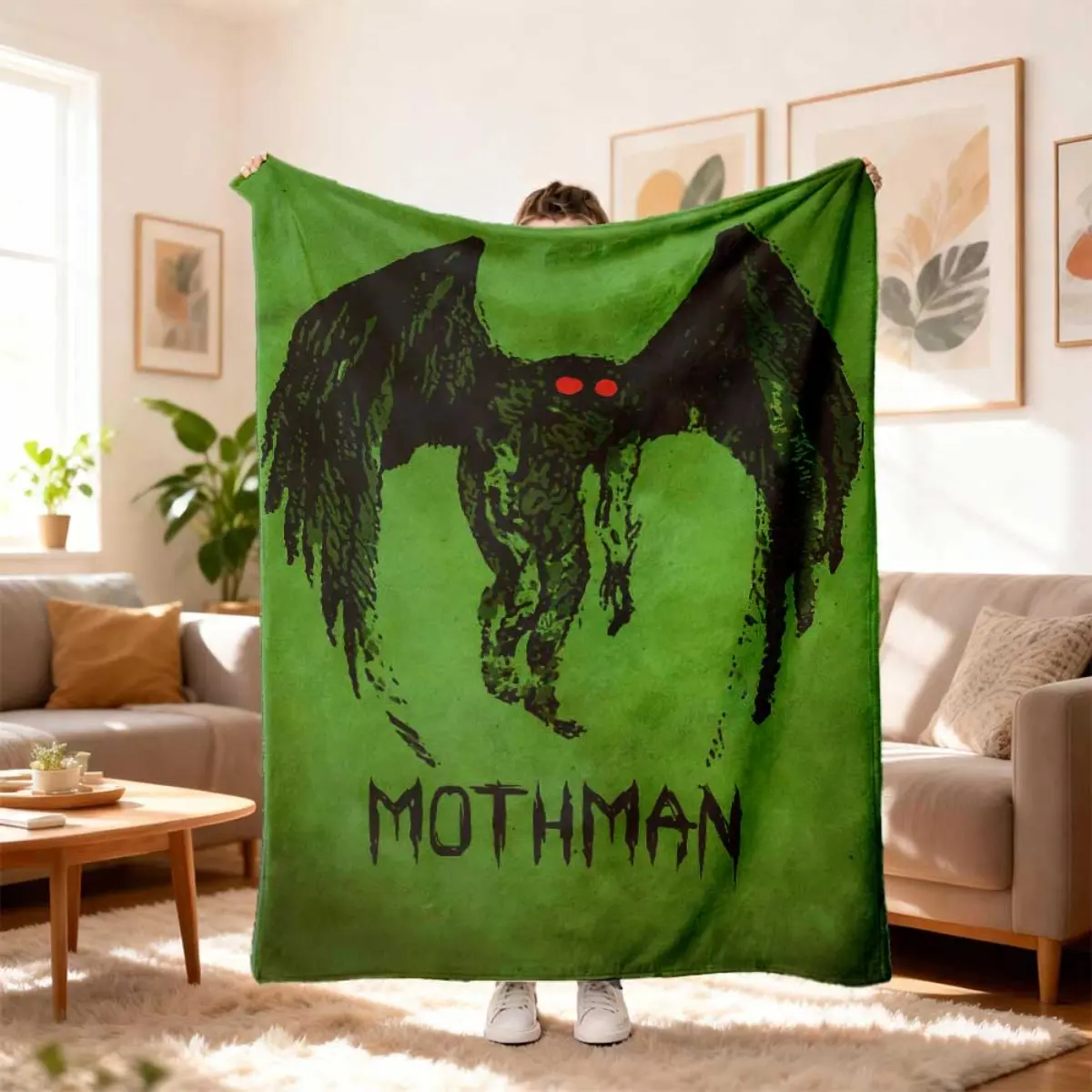 Vintage Hand-Drawn Print Cryptozoological Mothman Flannel Throw Blanket, Green Background, Warm Point Pleasant Cryptid Art Gift for Cryptid Fans, Wall Decor Option