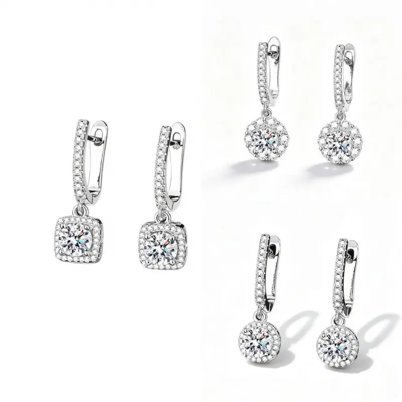 Imitation S925 sterling silver moissanite earrings for women, three-piece set DDMS0033, diamond-studded fashionable round and square floral earrings with 14K gold plating