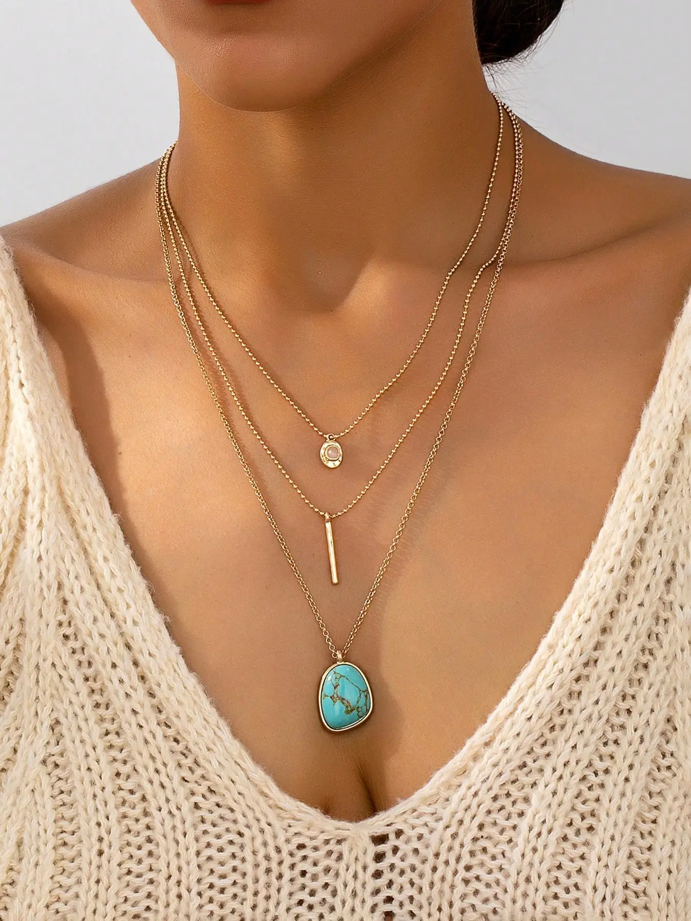 Boho Style Turquoise Texture Geometric Design Pendant Necklace, Zinc Alloy Material, Fashion Jewelry for Women, for Party, Trendy Triple-Layer Jewelry for Birthday Gift, Accessory