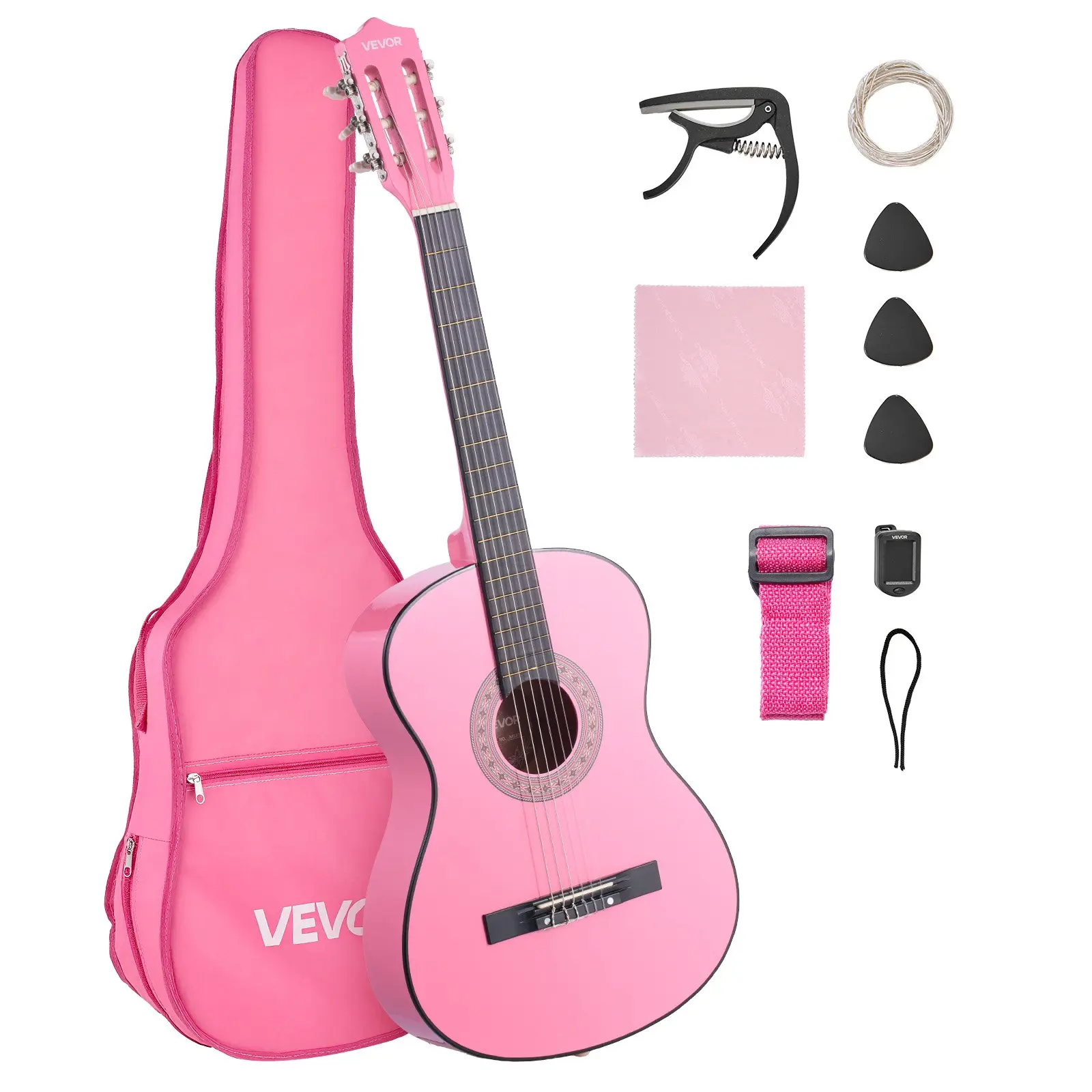 VEVOR 38-Inch Basswood Classical Guitar Starter Kit for teen+adults, with Nylon Strings, Gig Bag, Strap, Tuner, Extra Strings, Picks, Capo, Pink, Music
