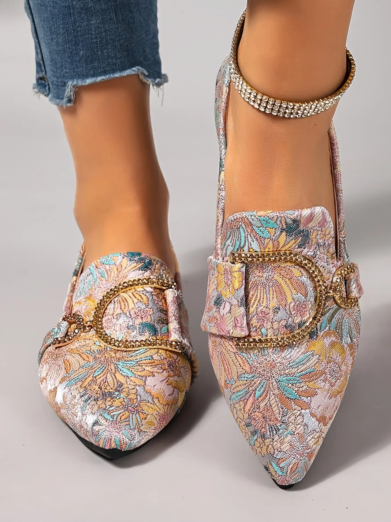 New Pointed Toe Powder Accent Buckle Flat Slip-On Women's Shoes, Comfortable and Stylish Footwear for Everyday Wear