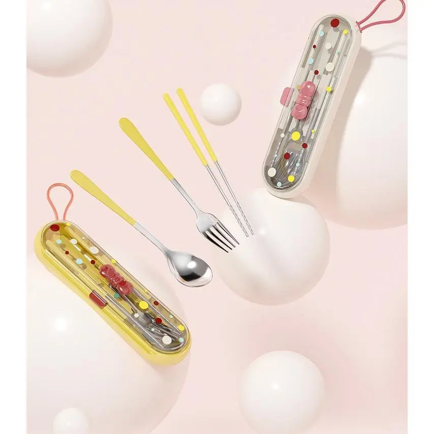 Polka Dot Colorful Plastic-Loop Stainless Steel 3-Piece Travel Tableware Set - Dishwasher Safe Reusable Chopsticks, Spoon, Fork with Slim Carry Case, Portable Camping Utensils for Outdoor Lovers, Office Use, Polka Dots, Three Pieces