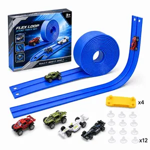 Kids Flexible Race Track Set - 1 Box DIY Bendable Double-Sided Track Fits 1:64 Die-Cast Cars, Includes 4 Random Cars & Suction Mounts, Portable Roll-Up Racing Ramp Toy, Imaginative Play Gift for Toddlers 3-8