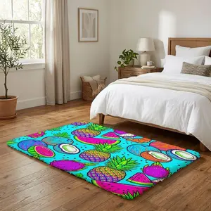 Vibrant tropical fruit print area rug features pineapples, dragon fruits, and watermelons, perfect for adding a pop of color to your living room, bedroom, or kitchen decor as a creative holiday gift for friends and family.