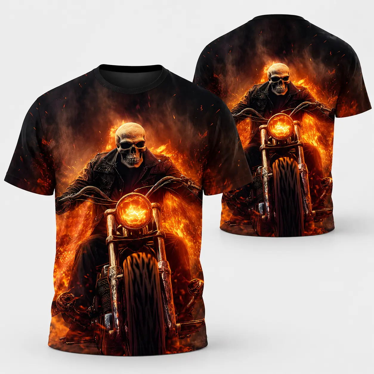 Men’s  Flaming Skull Motorcycle Graphic T-Shirt, Fire Biker All Over Print Short Sleeve Crew Neck Tee, Bold Gothic Rocker Streetwear Top for Motorcycle Fans, Casual Summer Party Festival Halloween Outfit, Unique Birthday Gift for Men