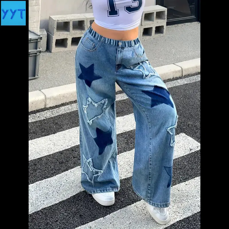 Girls' Star Print Loose Fit Jeans - YYT1 Elastic Waist, All-Season Versatile Bottoms for Ages 8-15
