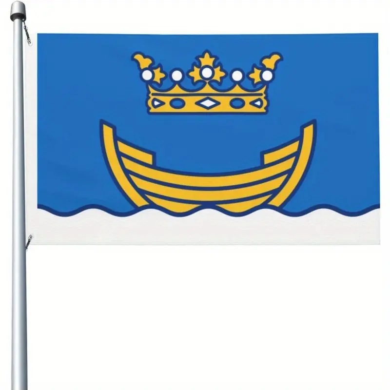 Helsinki 3x5ft Collectible Nautical Flag - Vibrant Blue, Yellow Crown & Boat Print, Durable Lightweight Polyester, Easy-to-Hang Banner for Party, Garden, Outdoor, Wall Decoration, Decorative