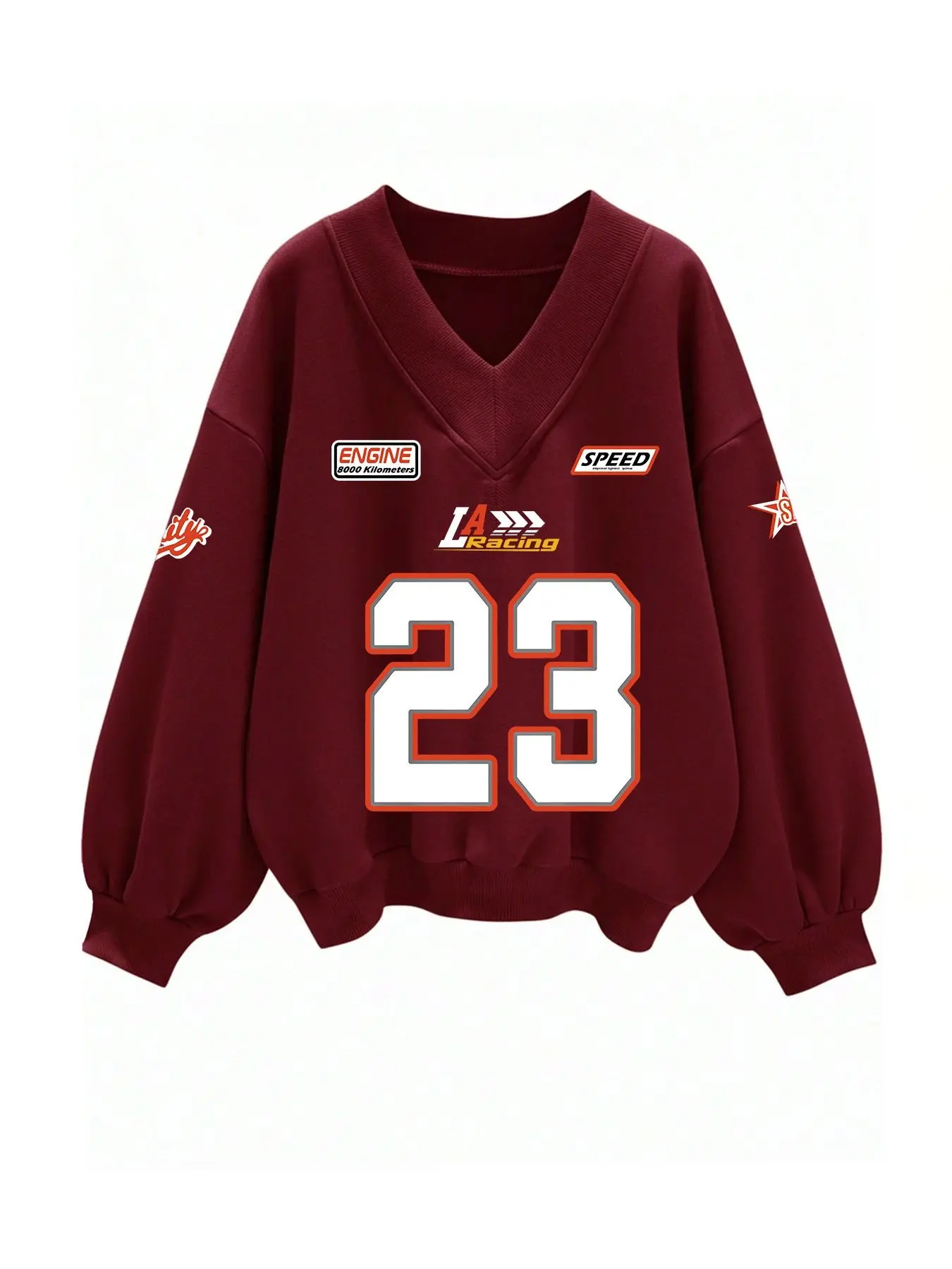 Sweatshirt Women Racingcore Burgundy V-Neck Number 23 Graphic Oversized Pullover for Ladies Streetwear Daily Wear