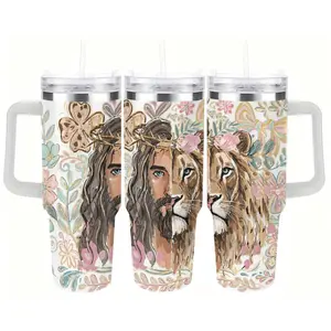 Jesus & Lion of Judah Tumbler for Women of Faith, Floral Christian Cup Featuring Jesus and Lion Artwork, Inspirational Christian Gift for Mom, Sister in Christ, Faith Filled Gift for Women