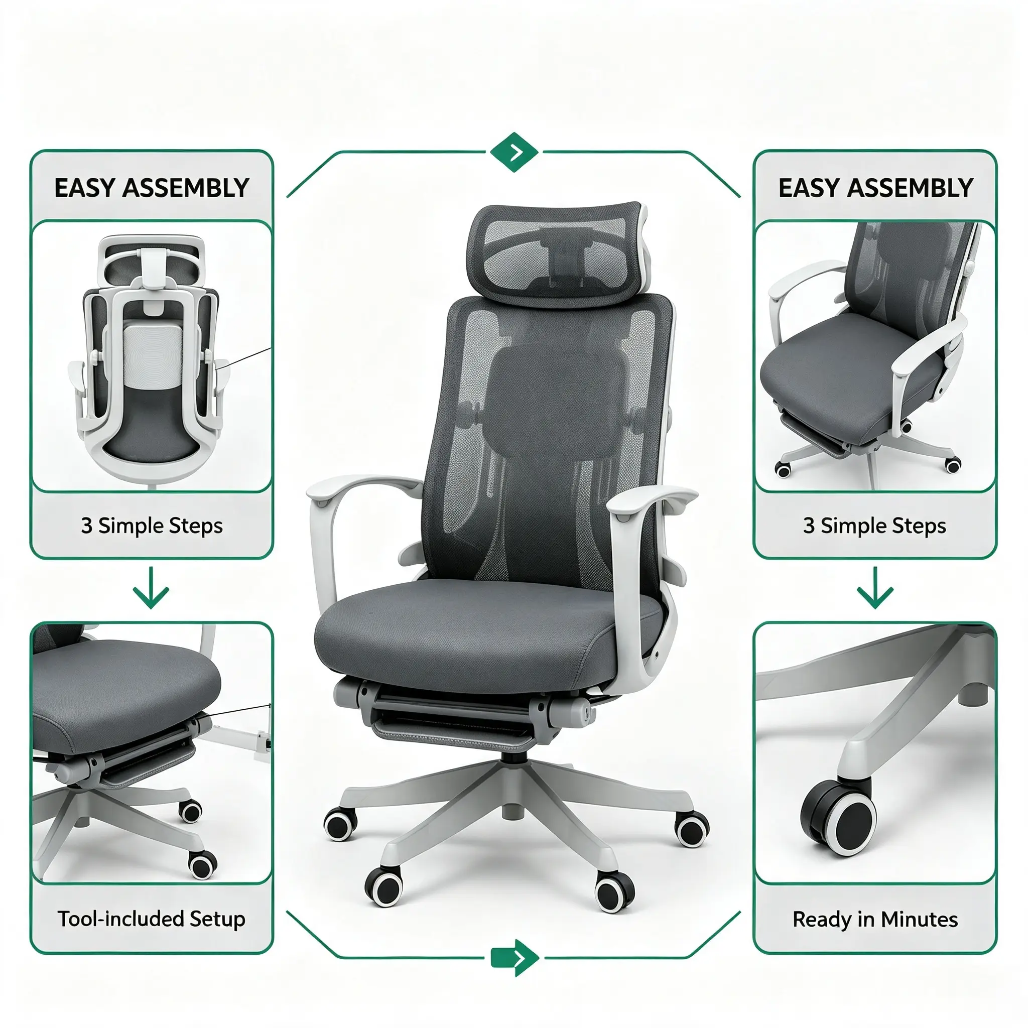 AI Voice Control Ergonomic Mesh Office Chair with Massage & Heating, Hollow Seat Cushion, 5D Adjustable Headrest & Lumbar Support, Grey Computer Desk Chair for Home Work Gaming