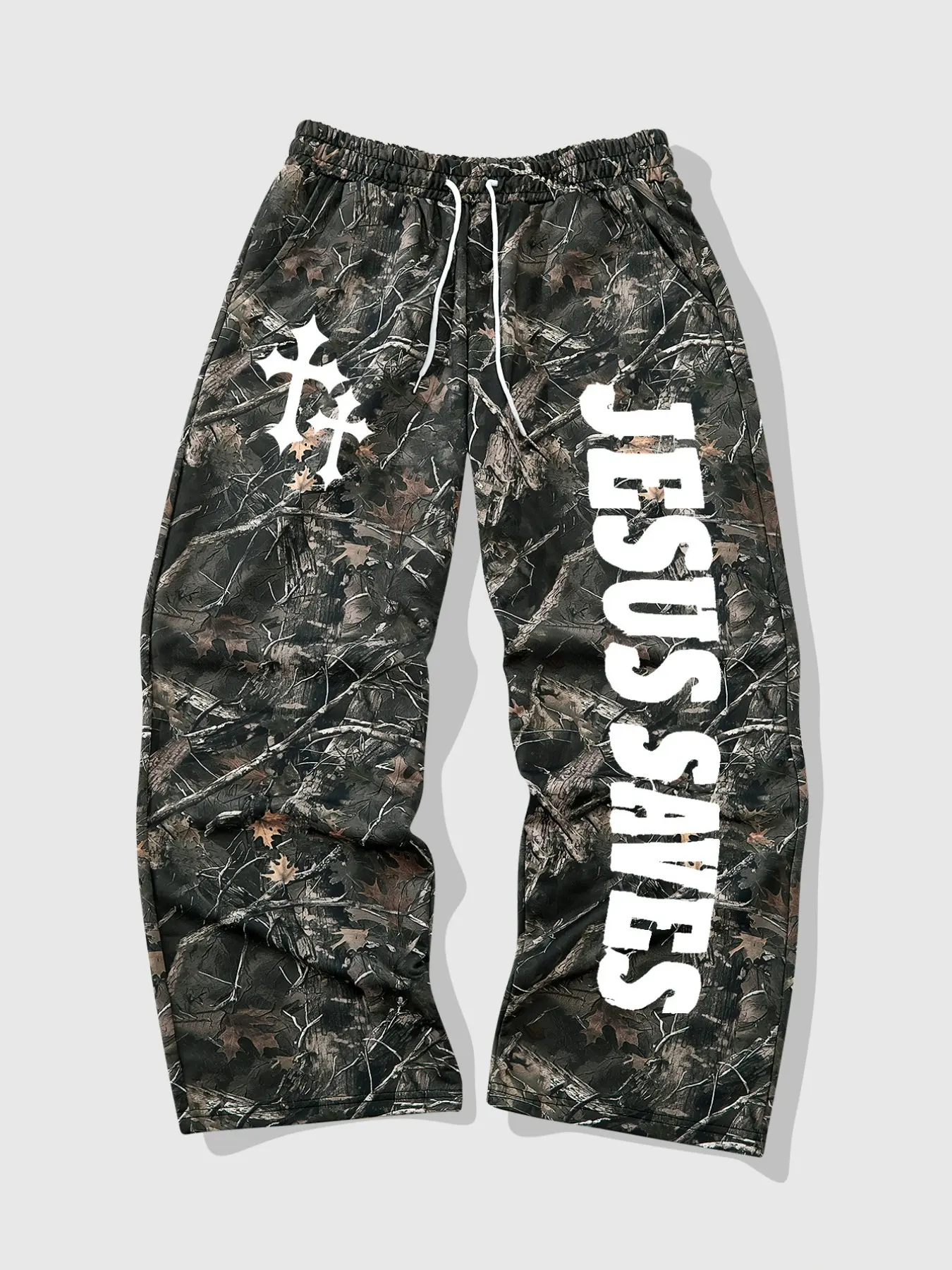 Men's Casual Camo Long Pants, Loose-Fitting Drawstring Wide Leg, Jesus Cross Letter Print, All Season Fashion