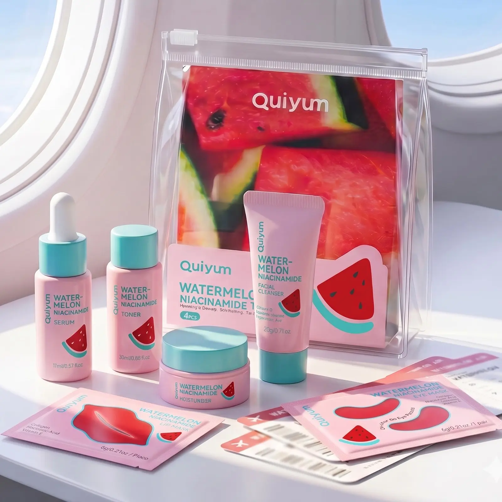 QUIYUM Watermelon Travel Skincare Kit • 6-Step Glow On-The-Go Flight Essentials Set for Dry Dull Skin & Jetsetters, 6pc Aesthetic Mini Regimen for Student Summer Holiday & Glowing Glass Skin, Face Care Kit