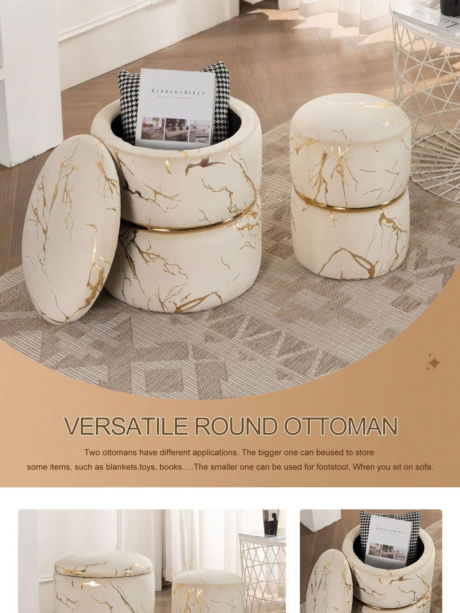 Pack Of 2 Black Round Bronzing Storage Ottoman Modern Velvet Upholstered Ottoman Stool Luxurious Poufs Sofa Footrest For Living Room Makeup Vanity Stool For Bedroom Room Decor