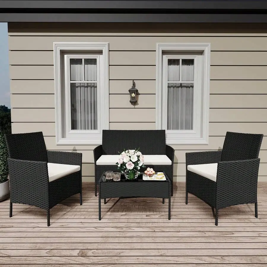 4-Piece All-Weather Outdoor PE Rattan Wicker Furniture Set - Soft Cushioned Chairs, Tempered Glass Coffee Table for Patio, Garden, Poolside