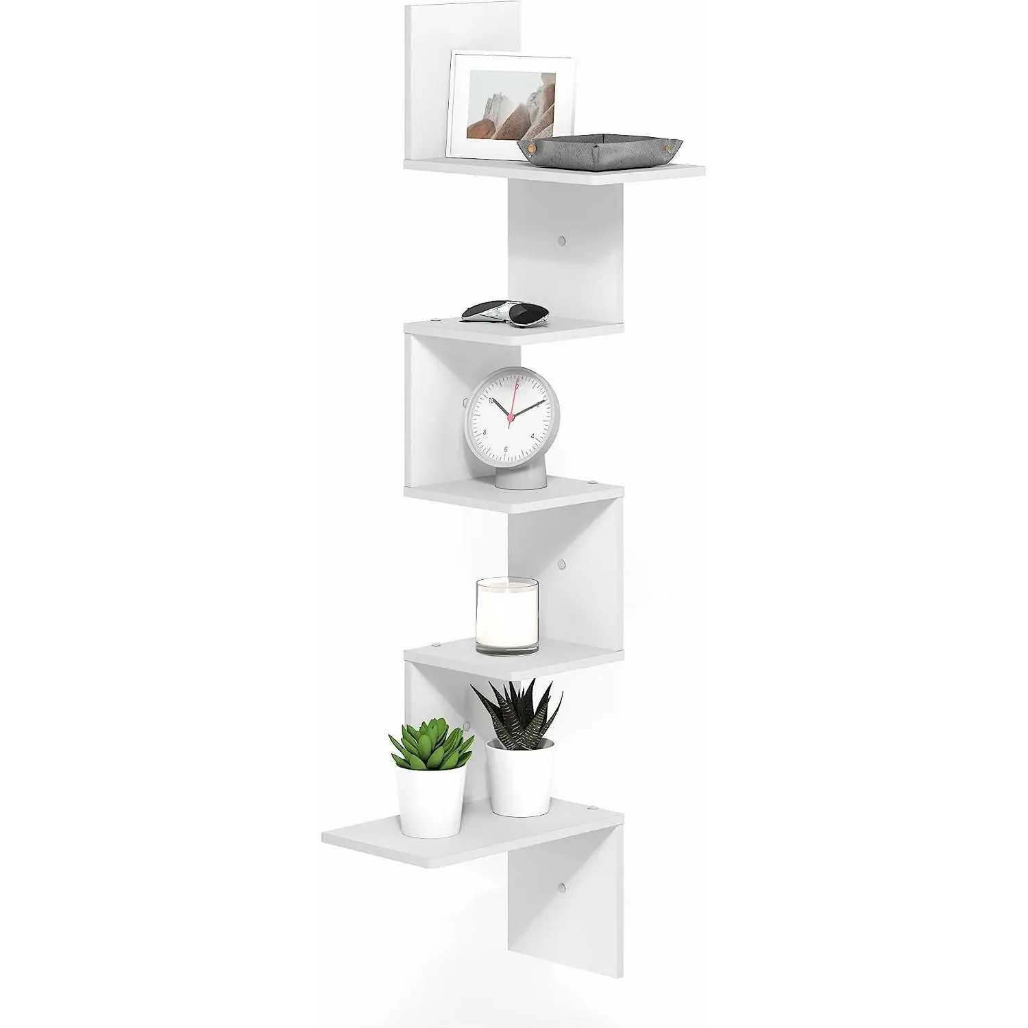 Rossi Corner Floating Shelves for Wall, 5-Tier Corner Rectangular Wall Shelf, S-Shape Radial Floating Book Shelf, Easy Assembly, for Bathroom, Bedroom, Living Room, White