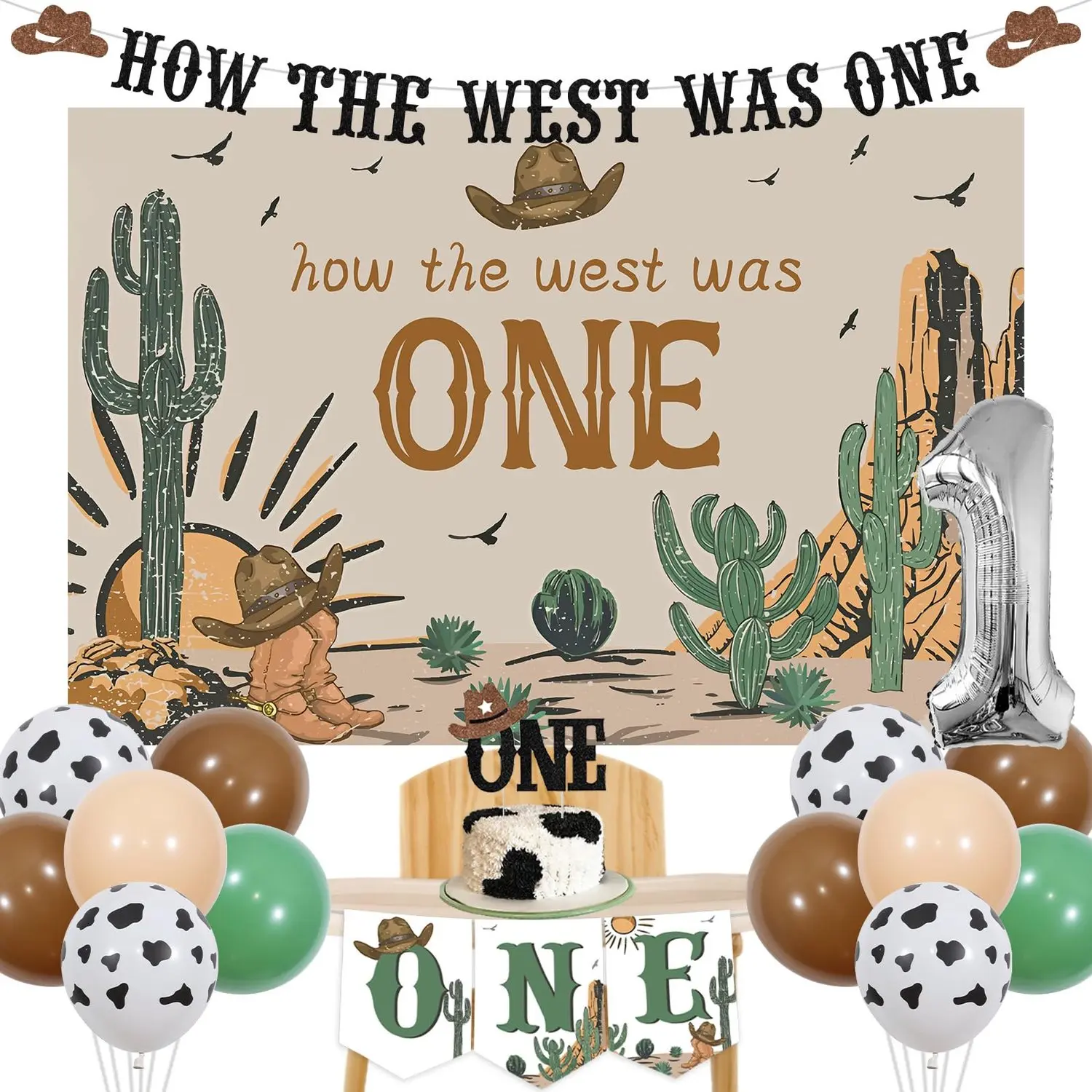1Set How The West Was One Year Old Party Decorations Western First Birthday Decorations Cow Print Green Brown Balloons Backdrop High Chair Banner Cake Topper Number 1 Cowboy 1anniversary First Rodeo