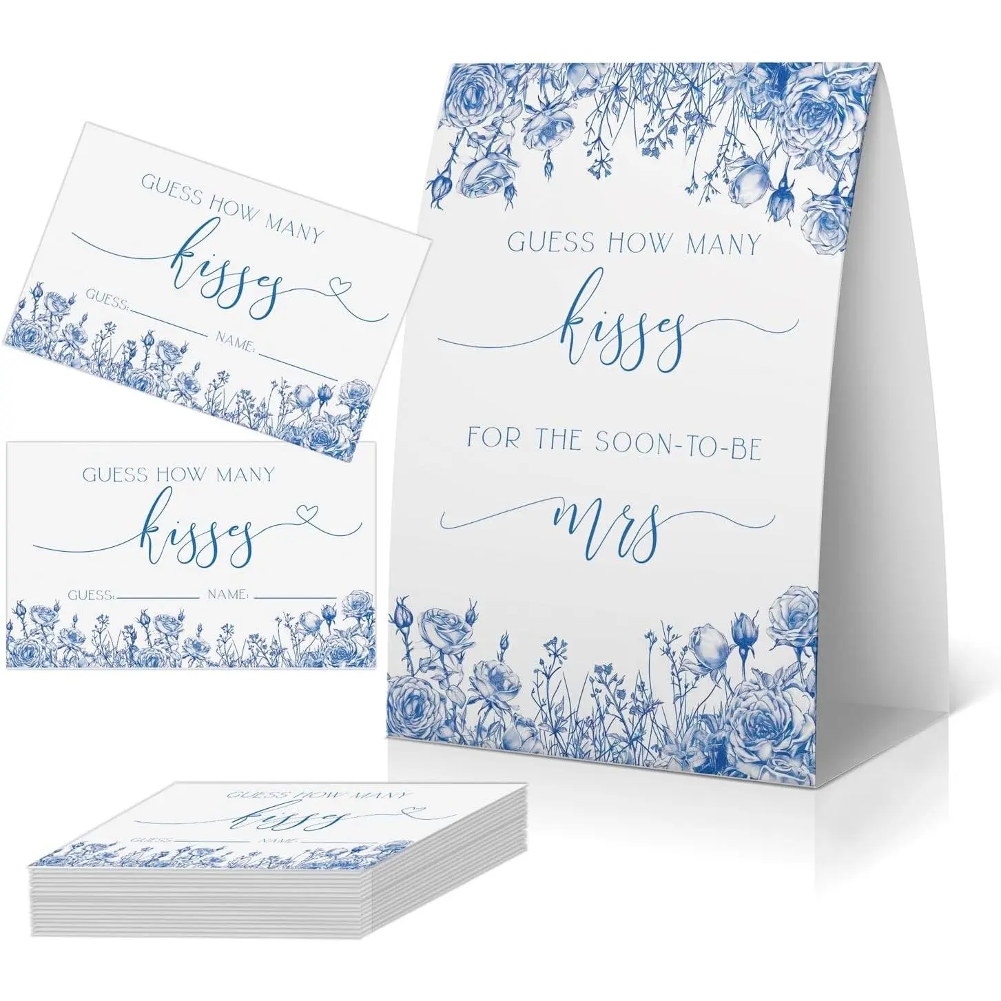 How Many Kisses Bridal Shower  (1 Sign + 50 Cards), Blue Floral Bridal Shower , Something Blue Before I Do Decorations, Bachelorette Guessing , Kisses in the Jar Sign -GHMK07