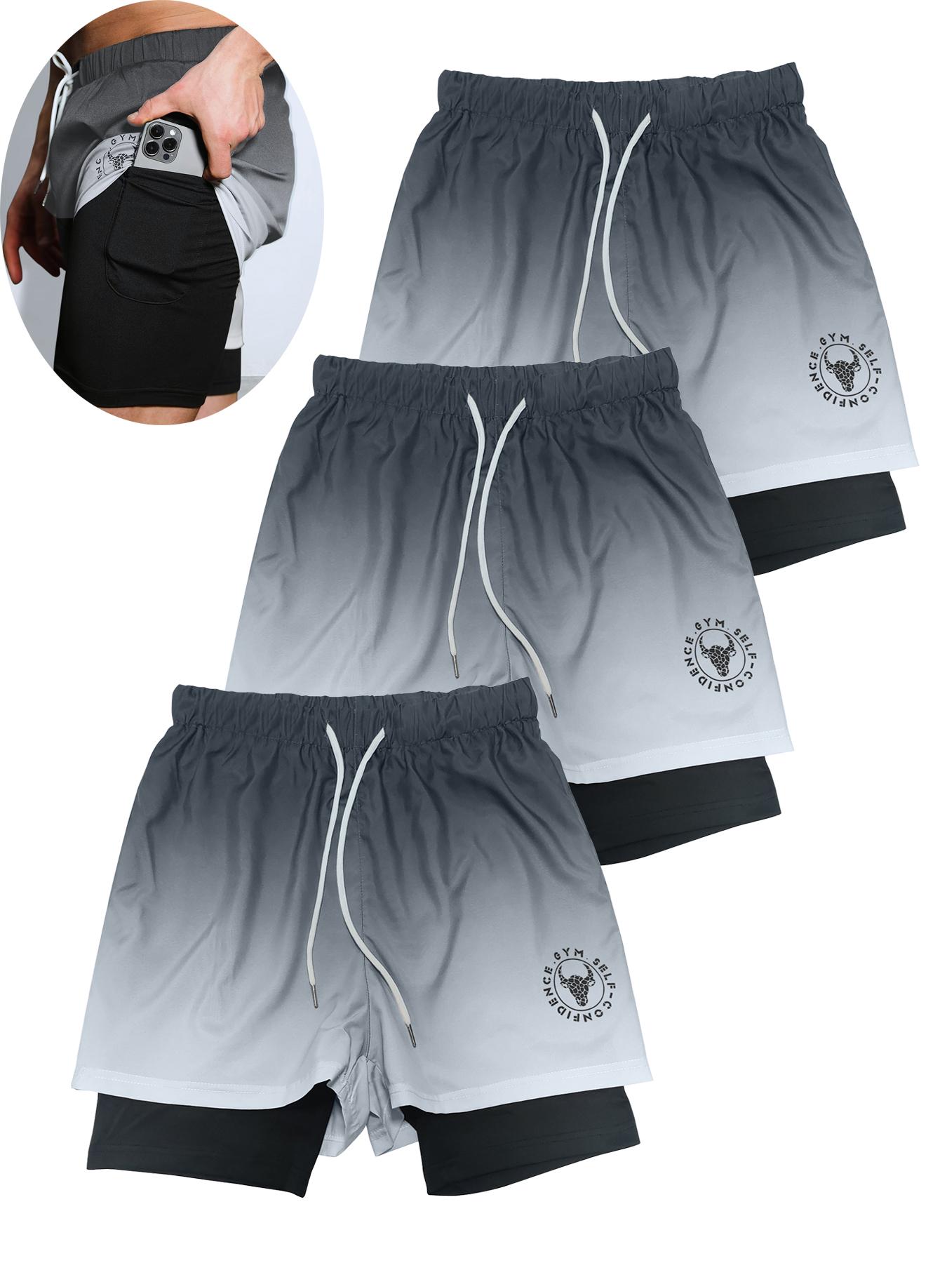 Men's 2 in 1 Ombre Letter Print Drawstring Waist Shorts, Casual Soft Comfy   Regular Fit Straight Leg Shorts, Streetwear Sports Shorts for Daily Outdoor Wear, Men's Bottoms for All Seasons