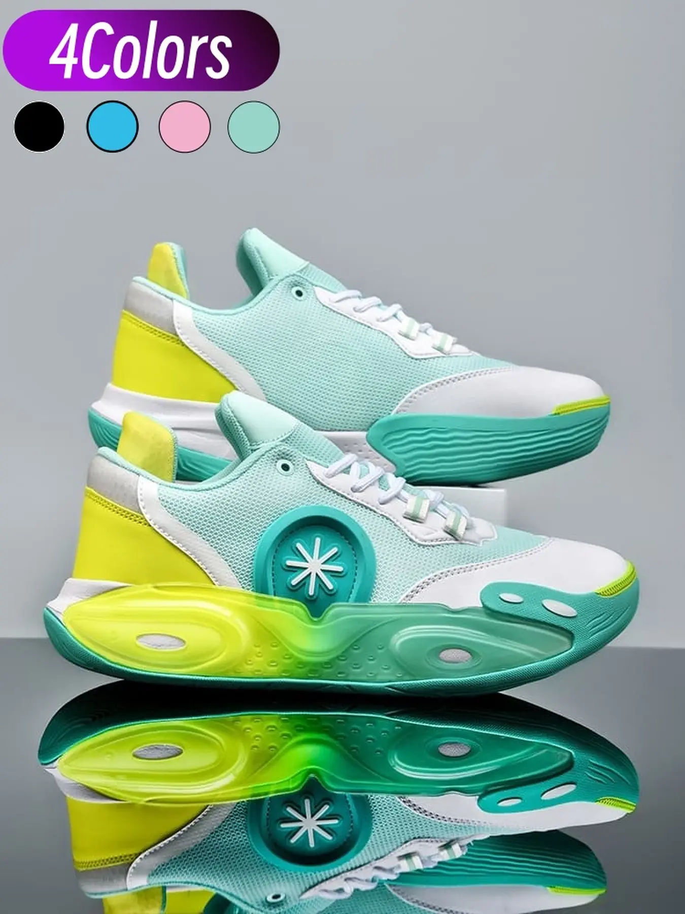 Gradient low-top basketball sneakers, breathable mesh leather, transparent side support rubber sole, unisex for training campus daily trips, Athletic Shoes