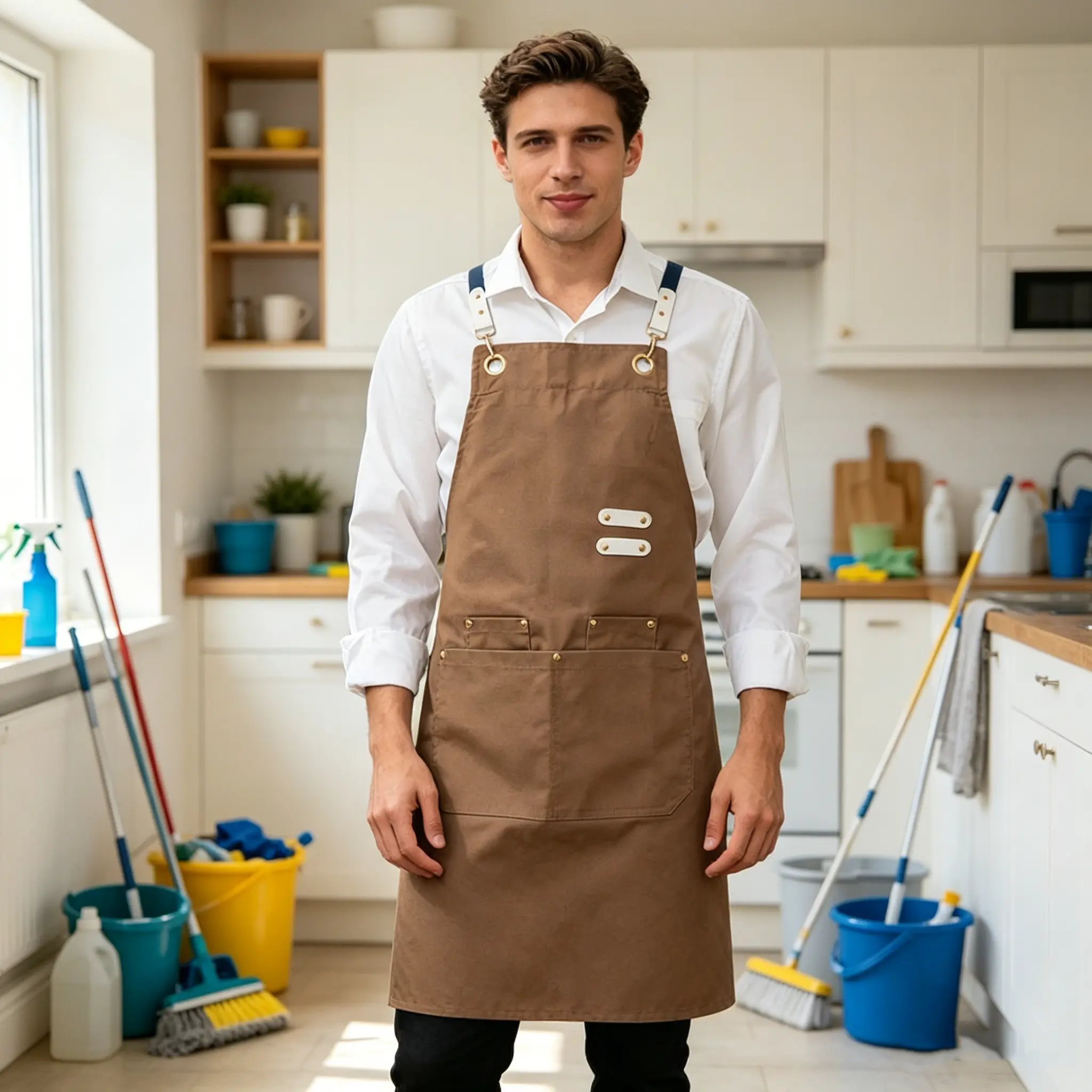 Waterproof Canvas Chef Apron, Metal Hardware, Multi Pockets, Ideal for Cleaning, Cooking, Workshop, Durable and Functional