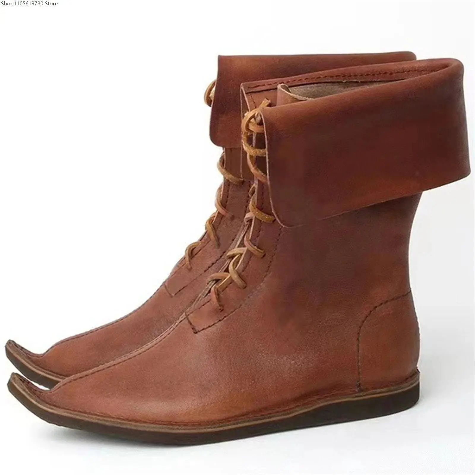 Men Pointed Retro Viking Pirate Boots Flip Over Strap Leather Knight Boots Renaissance Medieval Matte Shoes for Halloween Party