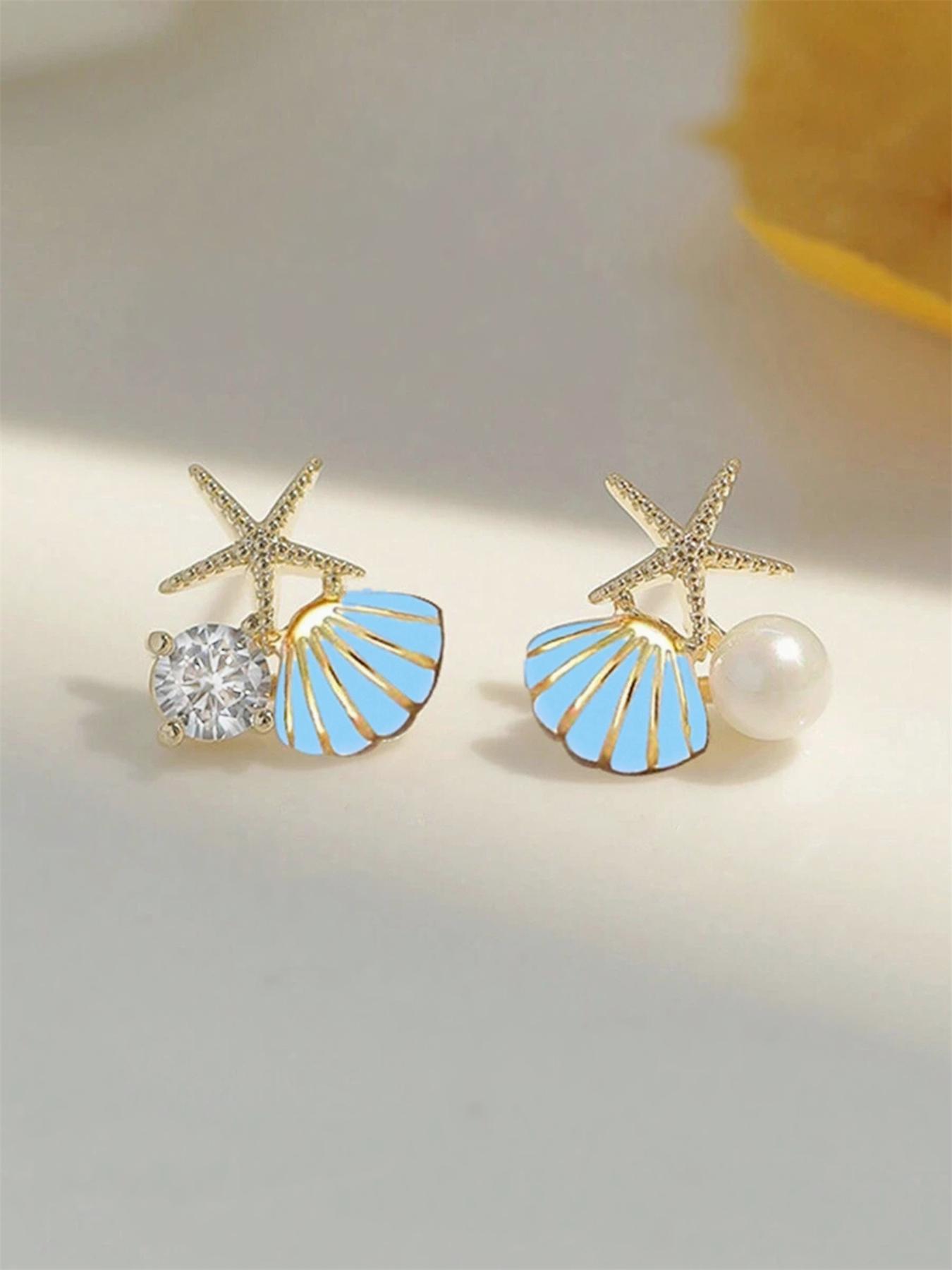 Faux Pearl Decor Shell & Starfish Design Stud Earrings, Elegant Stud Earrings for Women & Girls, Trendy All-match & Exquisite Jewelry for Birthday Gift, Ear Studs