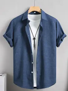 Men's Solid Color Linen Shirt, Casual Comfy Breathable Short Sleeve Collared Top for Summer, Men's Clothes for Daily Wear