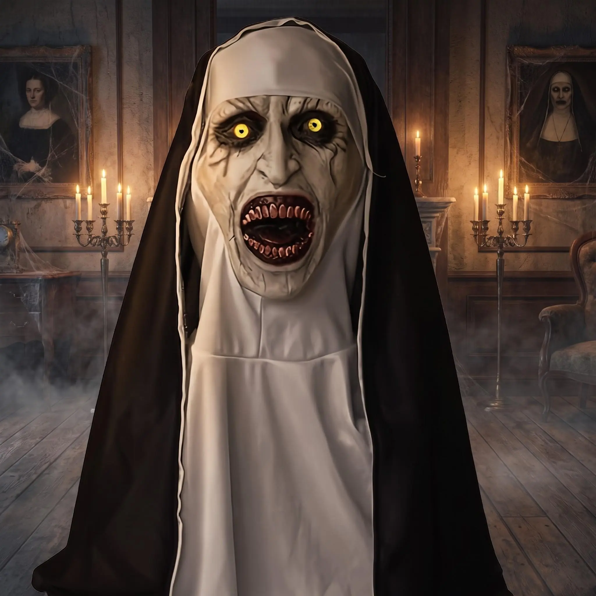 Horror Nun Latex Full Head Mask, Scary Halloween Cosplay Hood for Adults, Realistic Party Prop for Haunted House & Themed Events