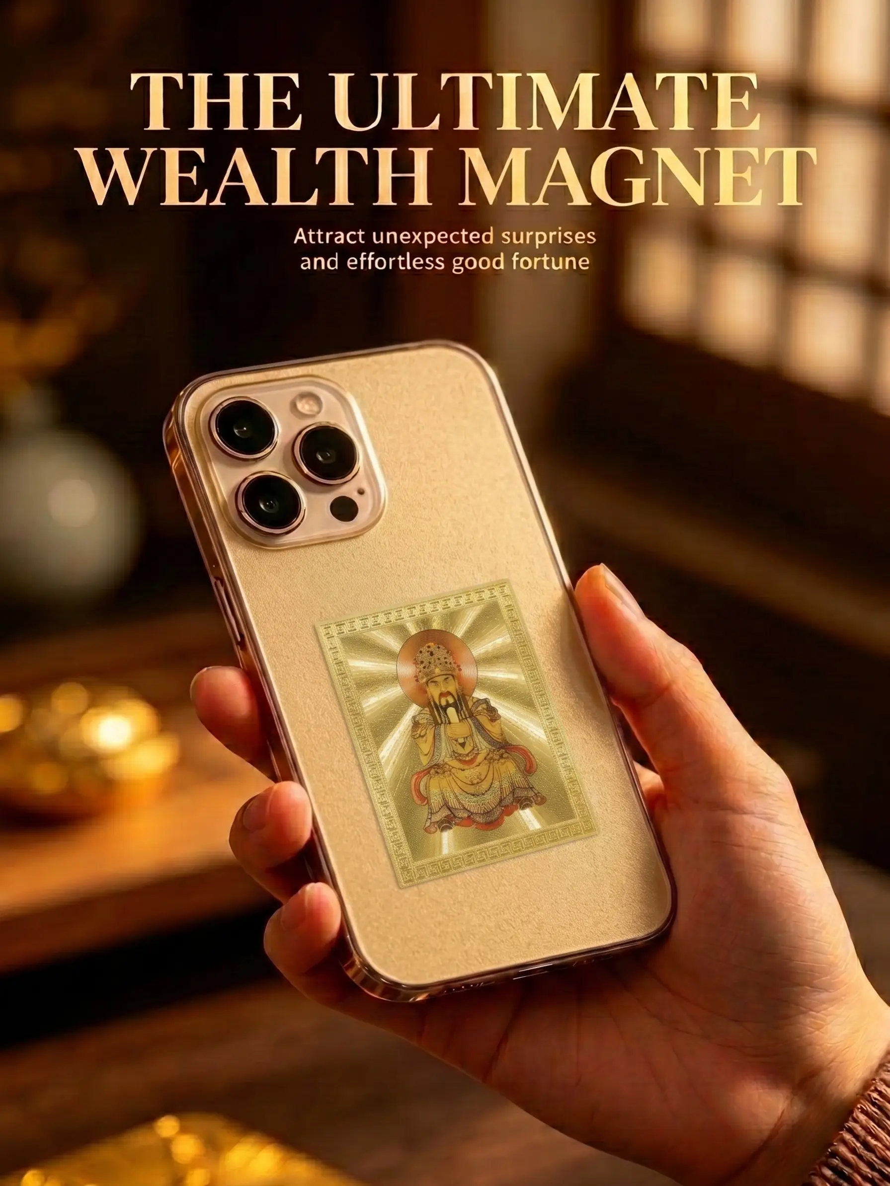 Money Attraction God of Wealth Sticker Card - Thangka Style Phone,Wallet,Computer,table Sticker card,Parent Gift,Eastern Feng Shui Amulet for Positive Energy & Good Vibes Custom Holographic Cards attract Dollars friendship protection card