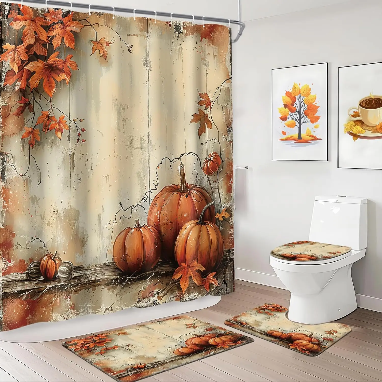 MEHOFOND Fall Pumpkin Shower Curtain Sets with Rugs Vintage Autumn Thanksgiving Bathroom Curtains Set with Non-Slip Rugs,Toilet Lid Cover, Bath Mat and 12 Hooks Rustic Pumpkin Bathroom Decor Set